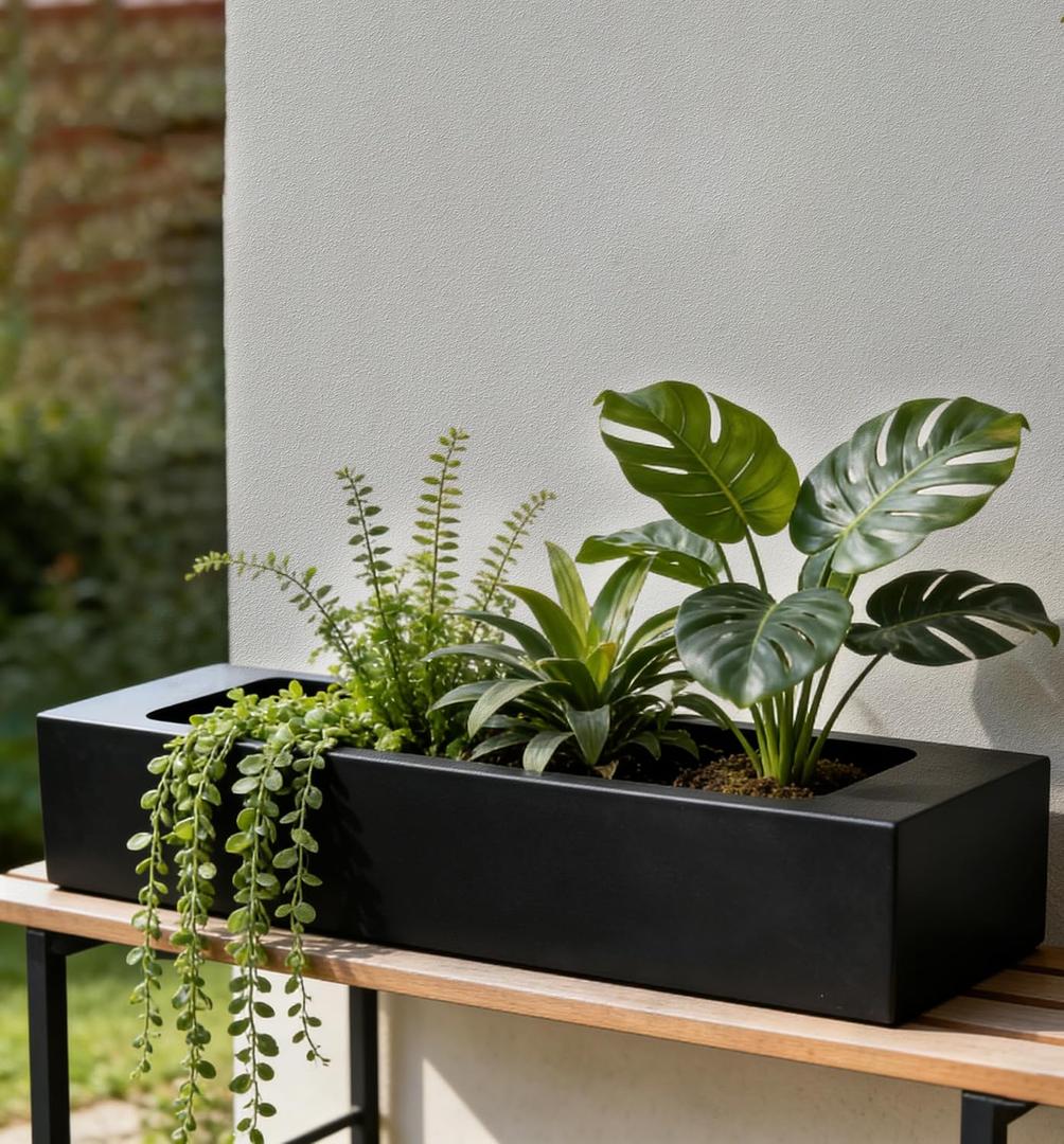 Oblong Faux Succulent Arrangement Rectangular Planter for Indoor/Outdoor Low-Maintenance, Weather-Resistant Effortless Nature-Inspired Dcor for Tabletops, Porches & Patios (Excludes Plants)