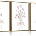 SongZest 3 Piece Pink Floral Framed Wall Art Boho Flower Nursery Canvas Art Prints Wildflower Bow Pictures Wall Decor Cute Paintings Artwork for Girl Bedroom Bathroom 16x24in, 16x24 Natural