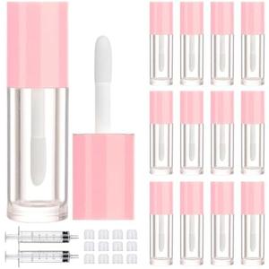 2.5ml 11 PCS Empty Lip Gloss Tubes with Wand Lip Gloss Containers Cute 0.08oz Clear Refillable Lipgloss Making Supplies Kit for DIY Makeup+ 2pcs Syringes (Pink)