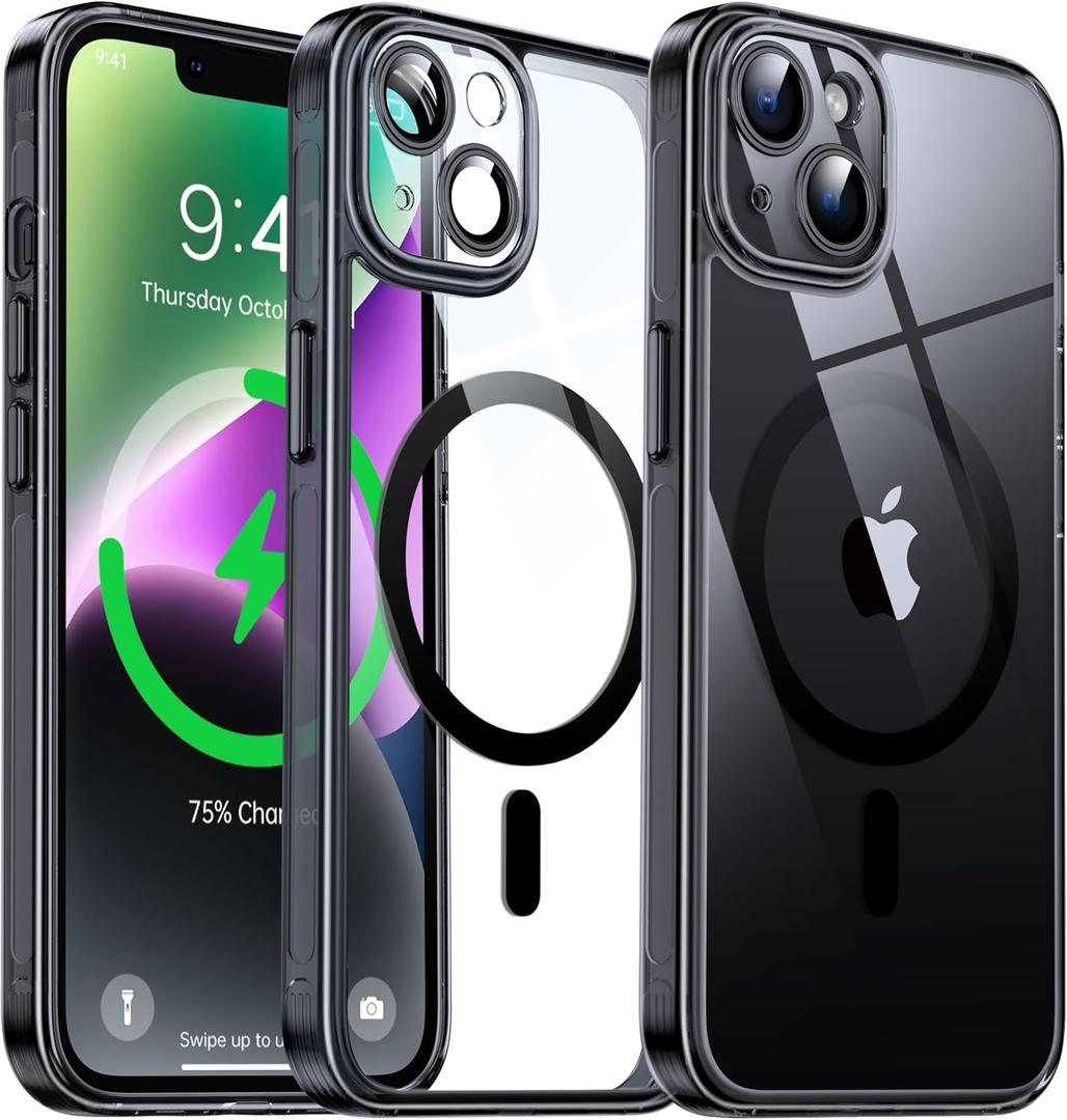 Magnetic Hybrid Clear Case for iPhone 14 - [Compatible with MagSafe] [Built-in Camera Protector] [Not Yellowing] Hard Transparent Back Silicone Edge Phone Case Cover, 6.1", Black