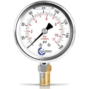 CARBO Instruments 160 PSI Glycerin Liquid Filled Pressure Gauge, 2.5" Dial, 1/4 NPT Lower Mount, 304 Stainless Steel Case, Brass Wetted Parts, Dual Scale PSI/Bar - ASME B40.1