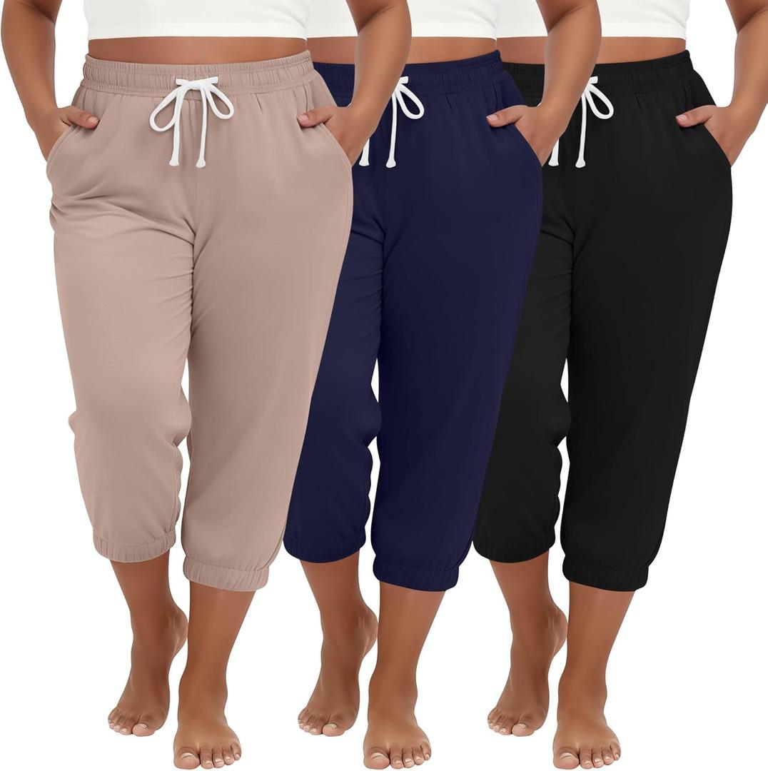 Ficerd 3 Pack Women's Plus Size Capri Sweatpants Cotton Drawstring Joggers Cropped Athletic Lounge Pants with Pockets (XXXL)