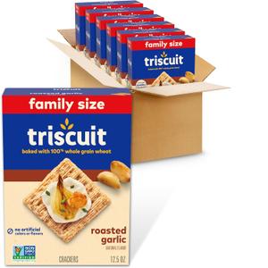 Triscuit Roasted Garlic Whole Grain Wheat Crackers, Lunch Snacks, Bulk Snack Crackers, Family Size, 6 - 12.5 oz Boxes, BBD 10/07/2026