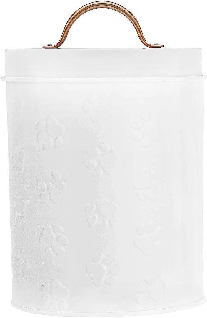 Amici Home Small Dog Treat Container Airtight, 8 Tall x 5.5 Round, White Embossed Puppy Paws Print, Storage Jar Canister for Cats, Small Animals, Gifts for Pet Owners, White (64 Oz)