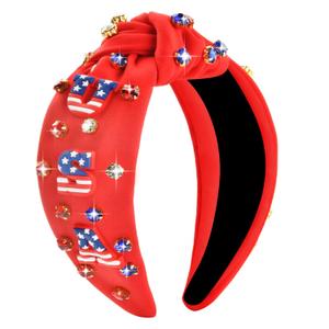 Patriotic Rhinestone Headband for Women Crystal Top Knot Beaded Headbands Wide Jeweled Embellished Hairband Independence Day Hair Accessories Gifts(Red-USA)