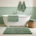 Whaline 4 Pack Sage Green Bath Mat and Hand Towel Set Non-Slip Chenille Striped Bathroom Rug Cotton Absorbent Towels for Hotel Home Bathroom Decoration