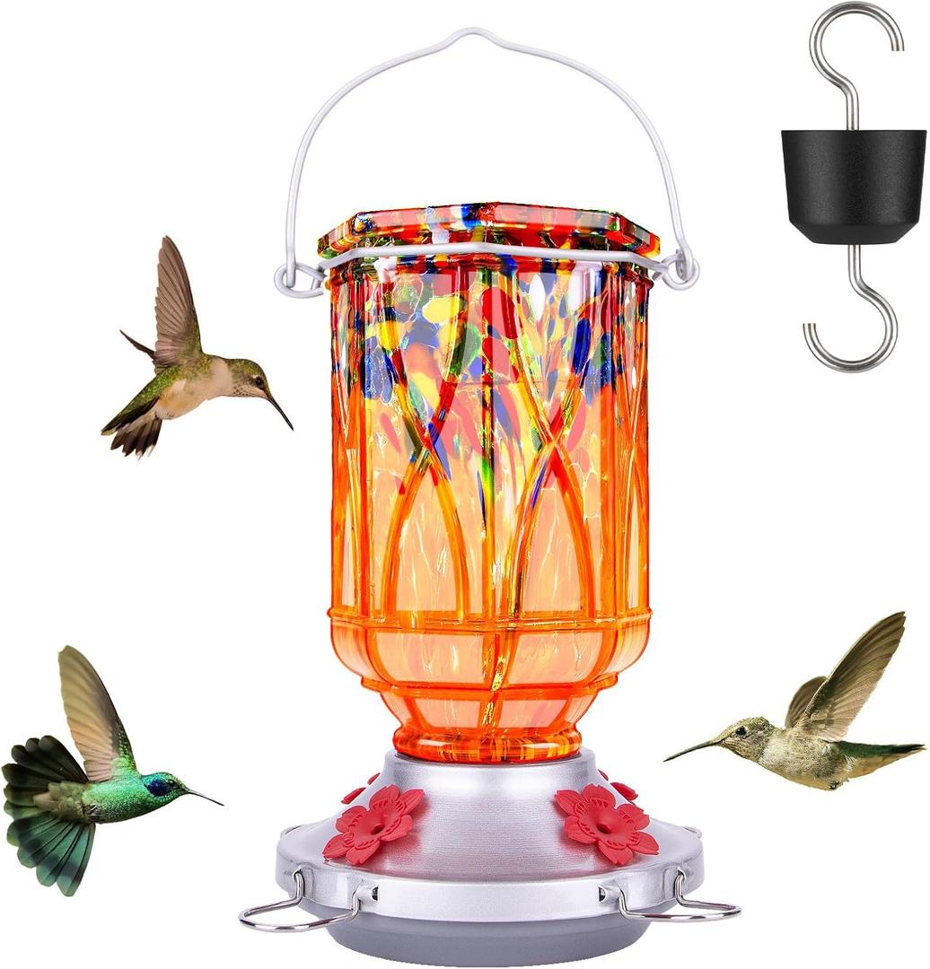 Hummingbird Feeders for Outdoors with Ant Moat, Hand Blown Glass Hummingbird Feeder, 4 Feeding Ports with Perch, Outdoor Garden Dcor, 15 OZ, Orange