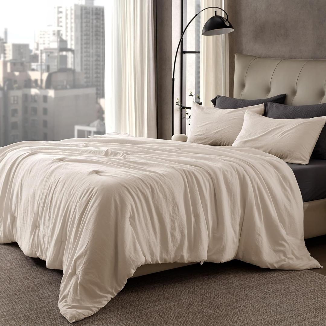 SLEEP ZONE Full Size Comforter Set, Duvet Insert with Natural Wrinkle Texture, Cotton-Linen Feel, Lightweight and Breathable Fluffy Bedding Sets with 1 Comforter and 2 Pillow Shams (Beige)