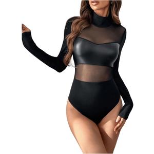 Milumia Women's Pu Leather Contrast Mesh Bodysuit Mock Neck Long Sleeve Leotards M