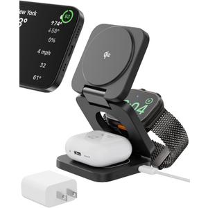 Wireless Charging Station, 3 in 1 Foldable Magnetic Wireless Charger for Apple Device, Qi2 Travel Magnetic Charger Stand for iPhone 16 15 14 13 12 Series, 5W for iWatch & AirPods, 45W Adapter Included