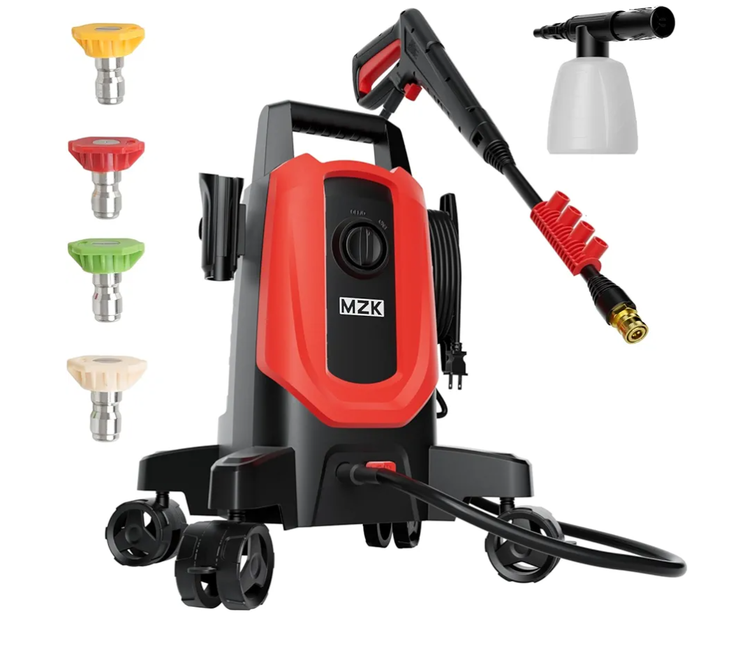 MZK Electric Pressure Washer, 3.0GPM Power Washer with 360° Lockable Wheels and 4 Quick-Connect Nozzles, Foam Cannon for Easy Replacement, High-Pressure Cleaning of Cars, Fences, Driveways