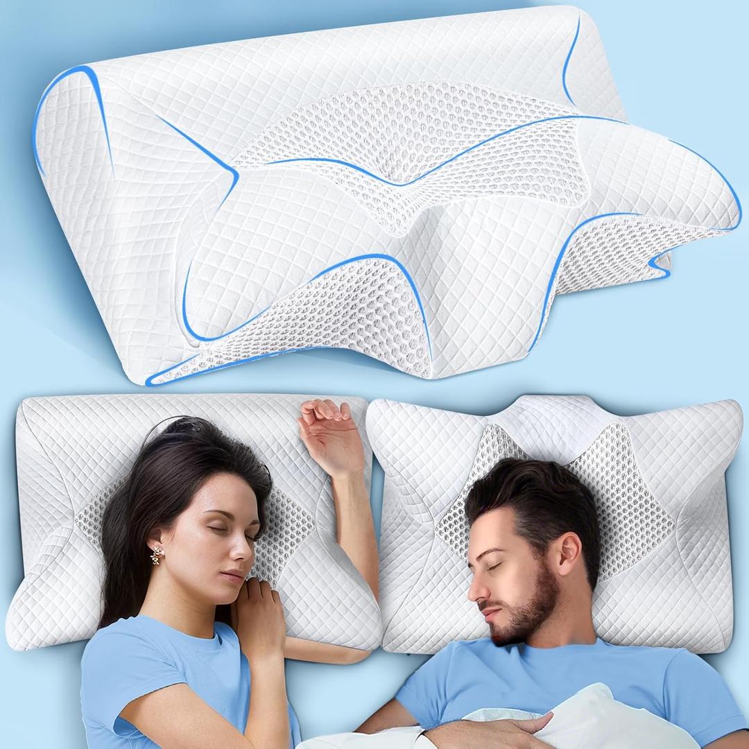 SAHEYER Cervical Neck Pillow, Ergonomic Memory Foam Pillow for Neck Pain Relief and Snoring, 2 in 1 Orthopedic Pillow for Back, Stomach Sleeper, Side Sleeper, White