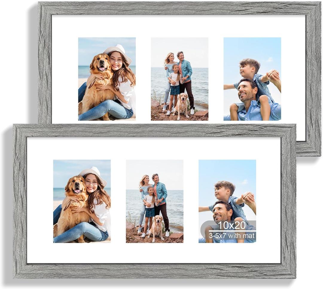 Hongkee 10x20 Picture Frame Set of 2, Rustic Grey Wood Frame with Real Glass Collage Frame, Display Pictures Three 5x7 With Mat or 10 x 20 Without Mat - Horizontal or Vertical Wall Mounting, 10x20 in matted to 3-5x7