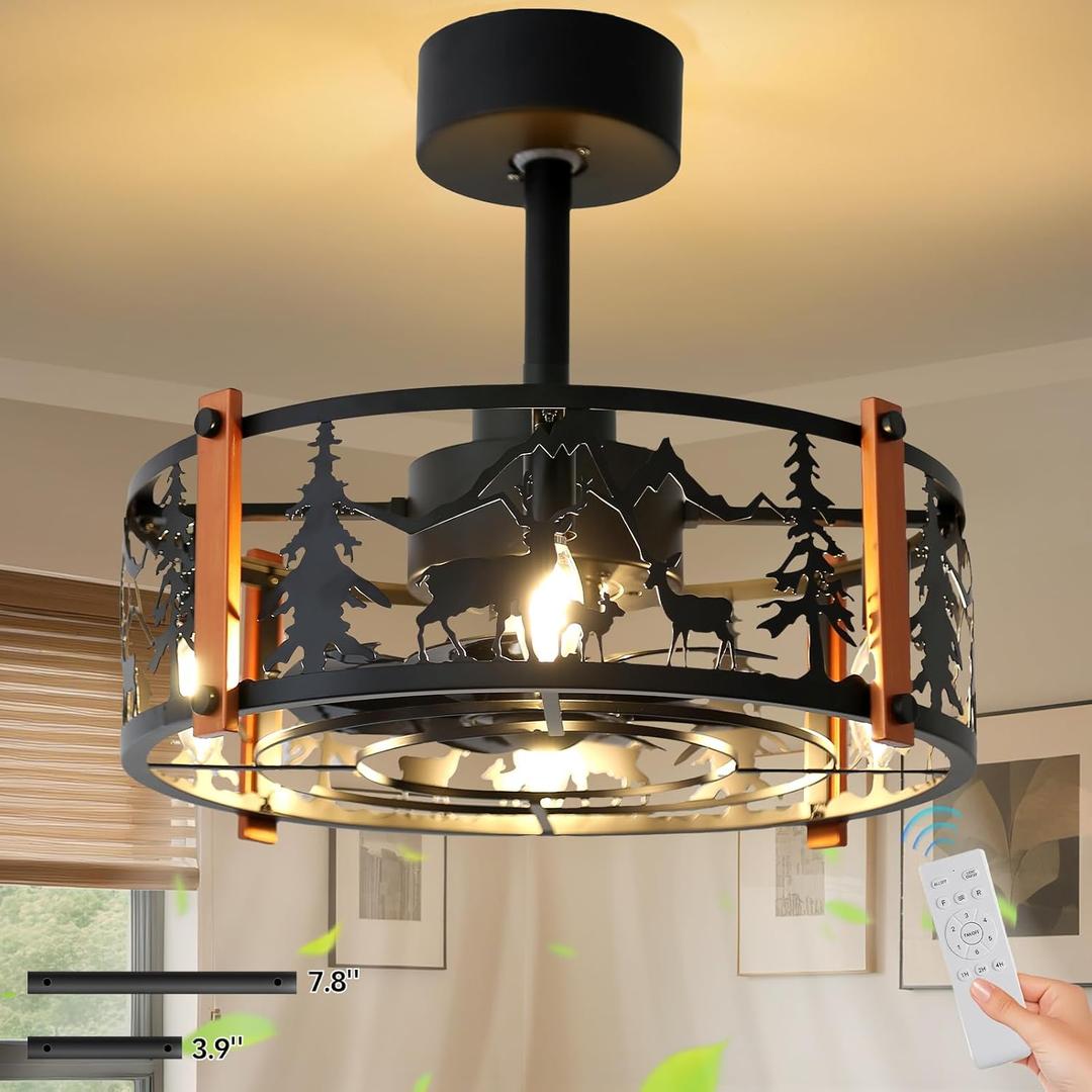 Rustic Farmhouse Ceiling Fan with Light, 18.9" Caged Fandelier with Forest & Deer Design, 6-Speed Reversible Quiet Motor, Remote Control, Vintage Chandelier Ceiling Fan for Bedroom Living Room Kitchen