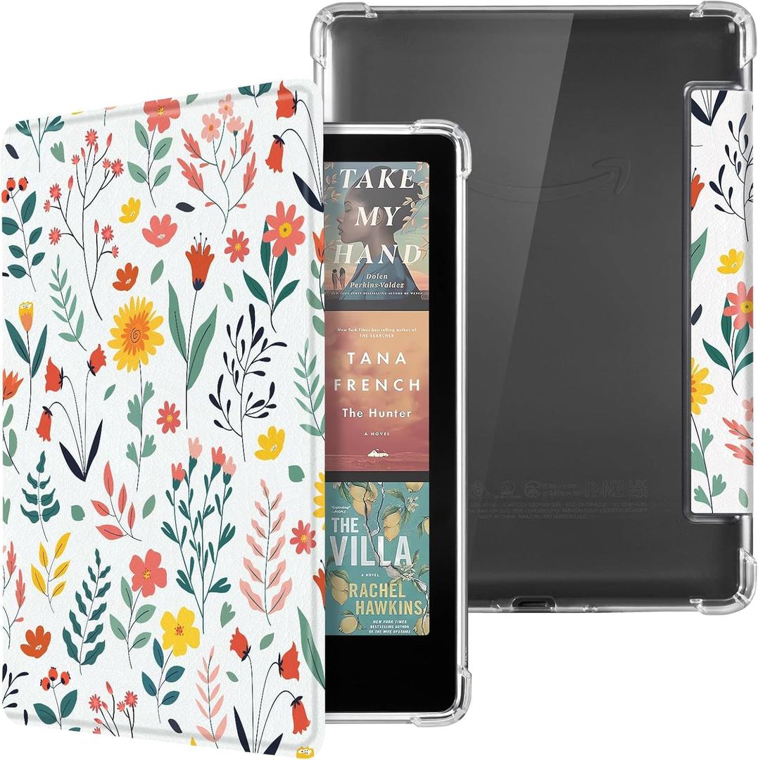 CoBak Case for 7" Ereader - New PU Leather Cover and Clear Soft Silicone Back Cover with Auto Sleep Wake Feature (7" Kindle Paperwhite 12th Gen, Flower Sea)