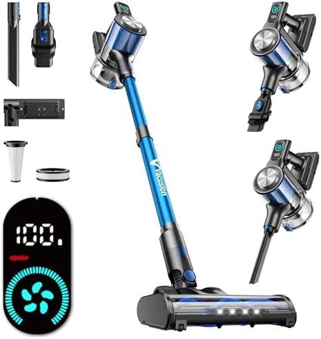 Cordless Vacuum Cleaner, 8-in-1 Cordless Stick Vacuum Cleaner with 3 Suction Modes, Up to 45mins Runtime, Rechargeable, Self-Standing, Wireless Vacuum Cleaners for Home Pet Hair Carpet Car Hard Floor