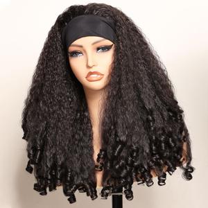 New Afro Curly Headband Wig Synthetic Braided Hair Texture with Unique Bouncy Curls in the End 20 Inch Soft Curly Headband Wigs for Black Women Dark Brown Blend Kinky 4C Hair