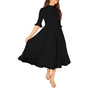 Verdusa Women's Ruffle Half Sleeve A Line Fall Dresses Elegant Fit and Flare Midi Dress (Black, M)
