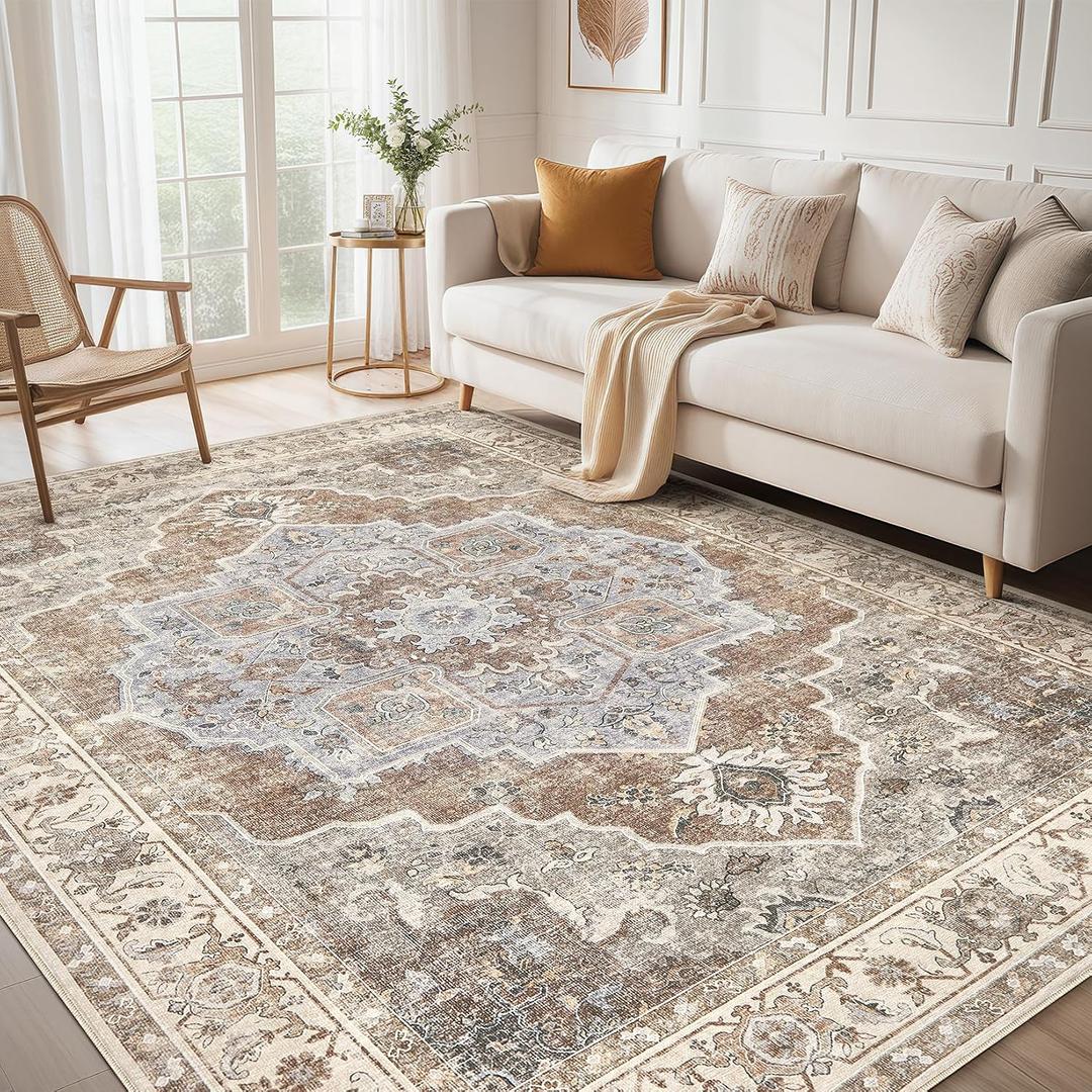 8x10 Washable Area Rug: Vintage Neutral Soft Non Slip Thin Large Floor Carpet for Living Room Bedroom Kitchen Dining Room Home Office Farmhouse Indoor - Grey Brown