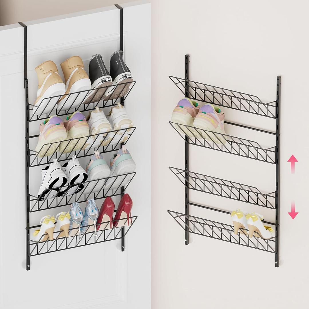 SWTYMIKI Over the Door Shoe Organizer - Adjustable 4 Tier Hanging Shoe Rack Organizer, Metal Heavy Duty Behind Door Storage or Wall Mount Shoes Shelf for Flats, Heels, Sneakers, Boots (Black)