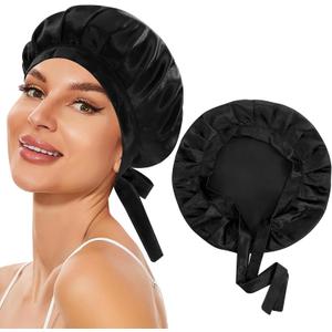Satin Hair Bonnet for Sleeping, 10 inches Adjustable Silk Sleep Cap, Double Layer Tie Bonnet, Silk Hair Wrap, Shower Cap for Braids Men Women (Black)
