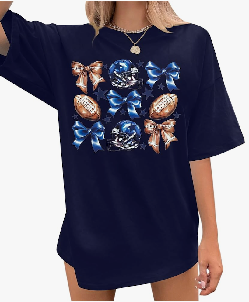 FASHGL Game Day T-Shirt Women Football Mom Shirts Oversize Funny Coquette Bow Tee Casual Sunday Funday Tops M