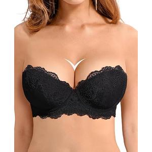 Women's Strapless Push Up Bra Convertible Multiway Lace Padded Underwire Bras with Clear Straps, 32B