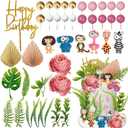 41PCS Wild One Birthday Cake Decorations Girl，Pink Two Wild Safari Animal Cake Toppers with Flowers Leaves for Safari Birthday Baby Shower