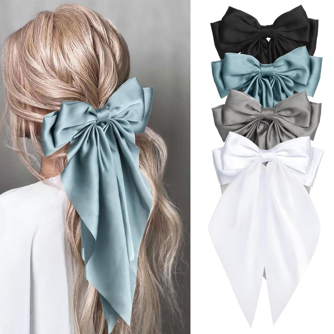 MIKONIKO Silky Satin Hair Bows for Women Girls - 4PCS Ribbon Bows for Hair, Big Bow Hair Clips with Long Tail, Barrettes - Cute Hair Accessories Gifts (Navy, Royal Blue, Blue, White)