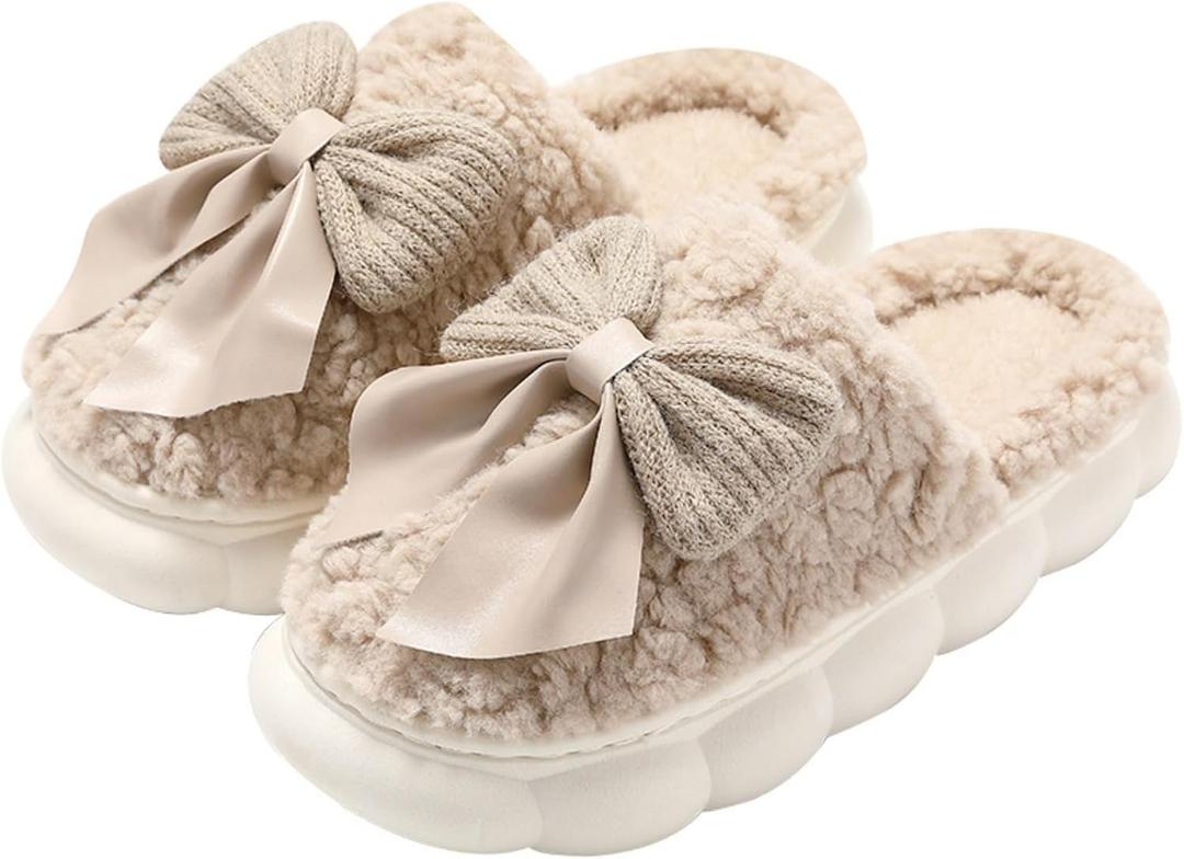 Plush Cute Bow Slippers for Women Furry Comfy Indoor Outdoor Non-Slip House Slippers (M)