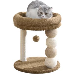 YOCAN Small Cat Tree Tower Indoor with Large Cozy Plush Top Perch, Natural Sisal Scratching Posts, Interactive Dangling Ball Great for Kittens and Cats (Brown)