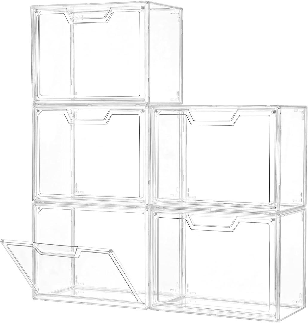 Freebat Stackable Storage Bins, Clear Acrylic Display Case, 5-Pack Acrylic Boxes with Lids, Clear Storage Containers Storage for Handbags, Collectibles & Figures