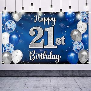 Nelbiirth Happy 21st Birthday Decorations,21 Blue & Silver Balloon Large Birthday Banner Backdrop Sign,21st Bday Party Supplies.