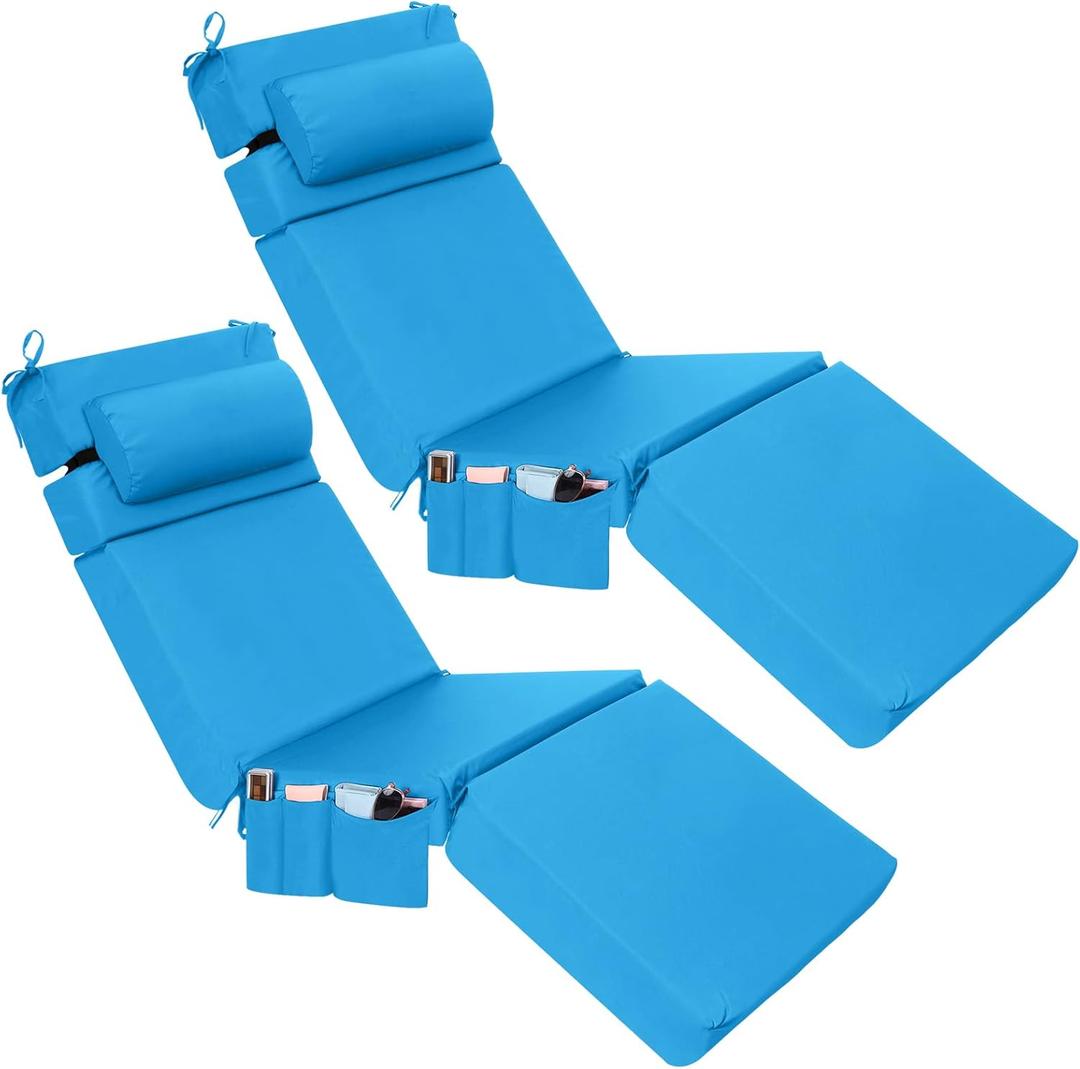 RattanView 2 Pcs Outdoor Chaise Lounge Cushion with Pillow and Side Pockets Waterproof Lounge Chair Cushions for Outdoor Furniture Patio Lounger Pad for Outside Pool Lawn (Lake Blue,80 x 26 x 4)