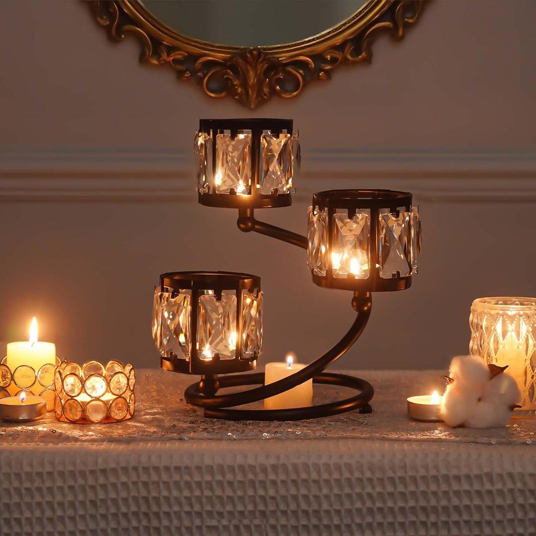 Metal 3 Arm Crystal Candle Holder - Tea Light Centerpiece Candle Holder, Votive Holder with Sparkling Crystal Bowl, Suitable for Wedding, Table Centerpiece, Home Decor (1, 3 arm-Black)