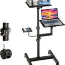 Projector and Laptop Stand Tripod, 2 Shelves Mobile Laptop Tripod Stand, Max 47" Height Adjustable Laptop Cart on Wheels, Projector Floor Stand with Ventilated Tray for Podium, Meeting, Couch (Black)