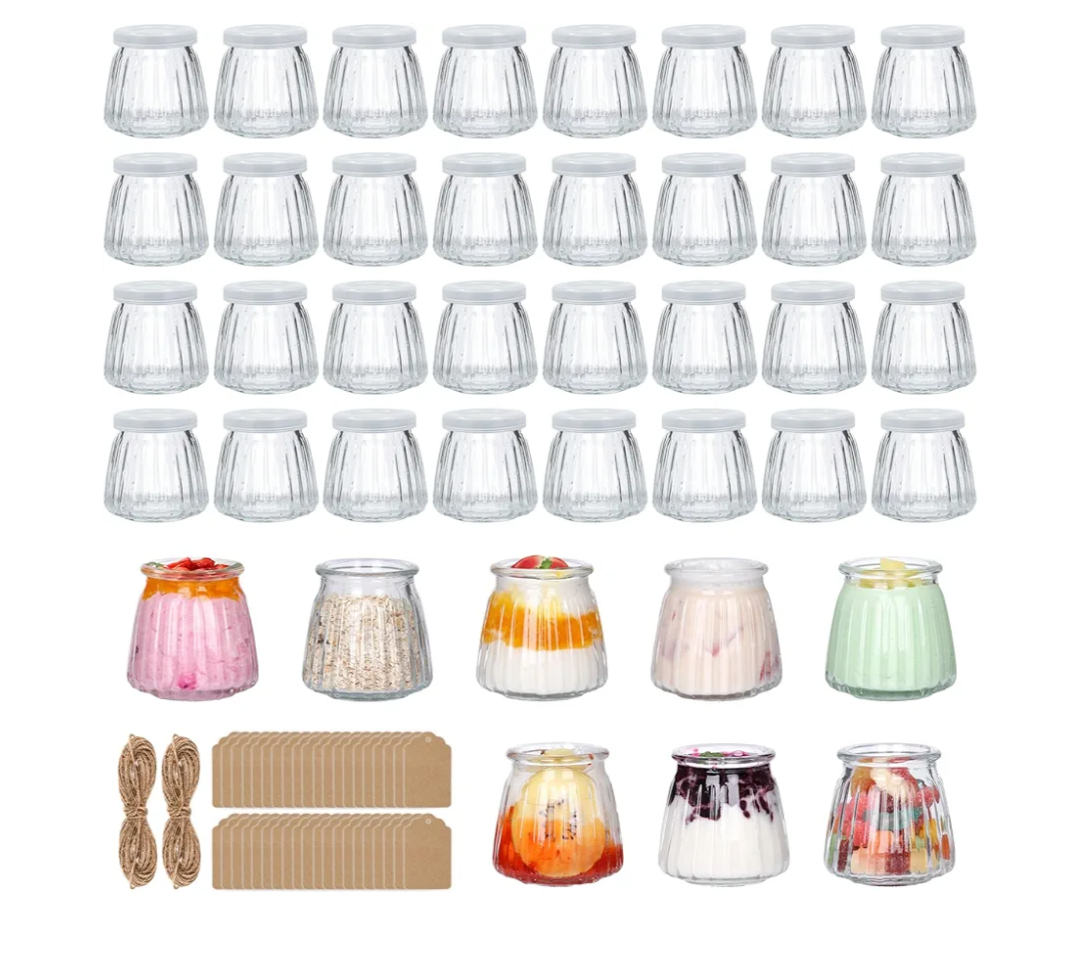 4 Oz Small Glass Jars 40Pack, Clear Glass Pudding Jars with PE Lids and Tags, Spice Jars/Glass Jelly Jars/Yogurt Jars/Small Jars with Lids (Set of 40)