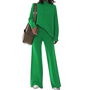 AOHITE Womens 2 Piece Outfit Sets Knit Pullover Sweater Top and Wide Leg Pants Lounge Sweatsuit Tracksuit Green Small