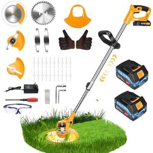 20000 RPM Electric Weed Wacker Cordless Weed Eater Battery Powered 21V, 4-in-1 Brush Cutter/String Trimmer/Grass Trimmer/Lawn Mower, 6″ Edger Stringless Weed Trimmer with Blade,2 Battery