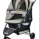 ROODO 3 Wheel Dog Pet Cat Stroller Best Lightweight Foldable Compact Portable Jogger All Terrain Travel Pet Gear Puppy Kitty Stroller for up to 30lbs Medium Small Dogs and Cats(Light Khaki)