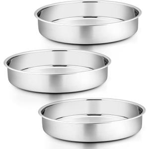 P&P CHEF 11 Inch Round Cake Pan Set of 3, Stainless Steel Round Baking Layer Pans Bakeware for Layer Birthday Cake, Fit Oven/Pots/Pressure Cooker, Leakproof & Dishwasher Safe, Silver