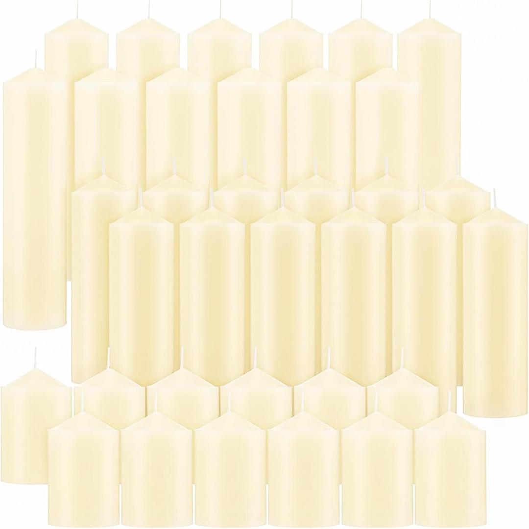 36 Pcs Ivory Pillar Candles Bulk SetHurricane Candles3 Different Lengths (12 Each)Dripless Unscented SmokelessGives You a Better Atmosphere When Organizing Wedding or Event Party.