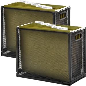 EASEPRES Desk Hanging File Organizer with 10 Folders, Mesh Metal Letter-Size Desktop File Holder Box for Filing Folder Storage Basket, 2 Pack Black, 12.2 x 9.45 x 5.45 inches