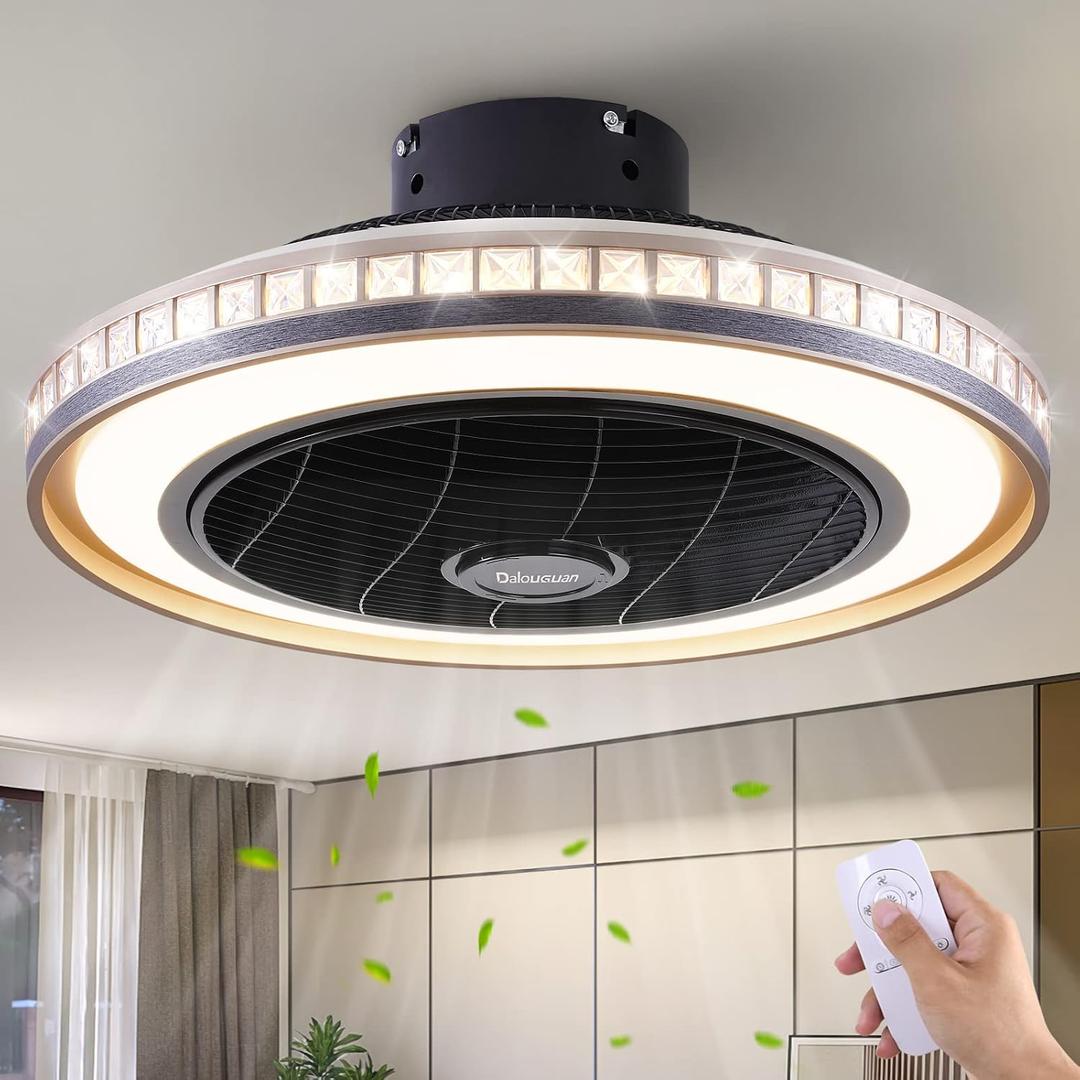 Dalouguan Ceiling Fan with Lights and Remote, 20" Black Low Profile Flush Mount 3 Speeds 3 Light Bladeless for Bedroom Kitchen