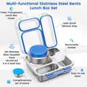 Stainless Steel Bento Box Kids Adult with 7oz Soup Thermo, Transparent Lid 3 Compartments Metal Bento Lunch Box with Insulated Food Jar,Lunch Box Container Sauce Cup for School,BPA-Free (Blue)