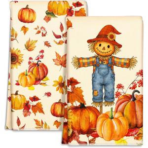Fall Kitchen Towels Set of 2 - Fall Kitchen Dish Towels 18x26 Inch Microfiber Decorative Autumn Themed Towel for Thanksgiving Harvest, Absorbent Hand Towel with Hanging Loop, Straw Pumpkin