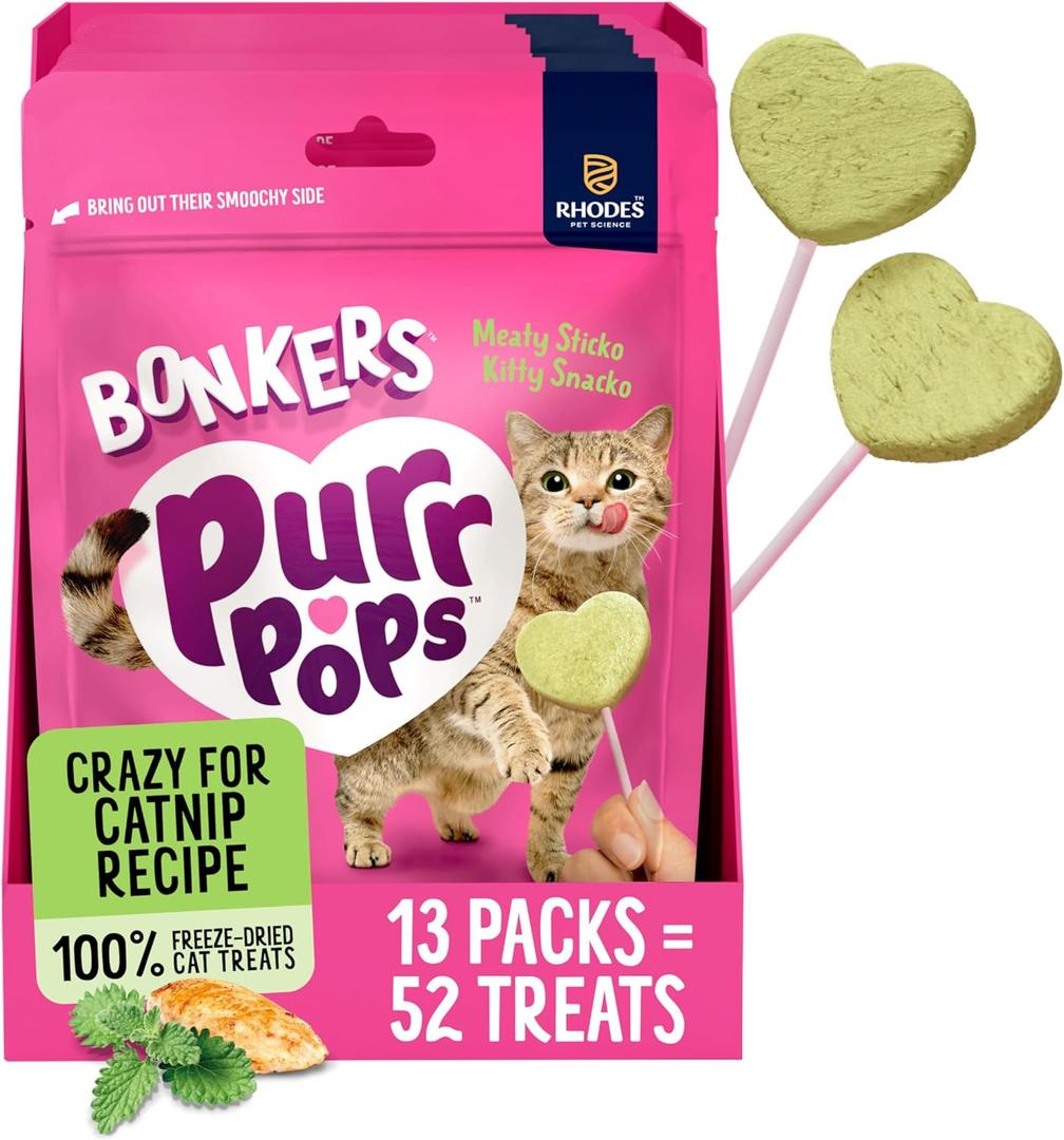 Bonkers Purrpops Freeze-Dried Catnip Flavored Lollipop Treats for Cats, 4 Pack (Pack of 13) (EXP 07/18/27)