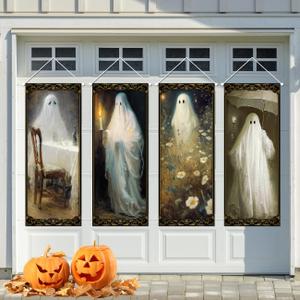 Vintage Halloween Decorations 4 Pcs Vintage Halloween Hanging Banner Ghost Holding A Candle Photo Banner Backdrop for Indoor Outdoor