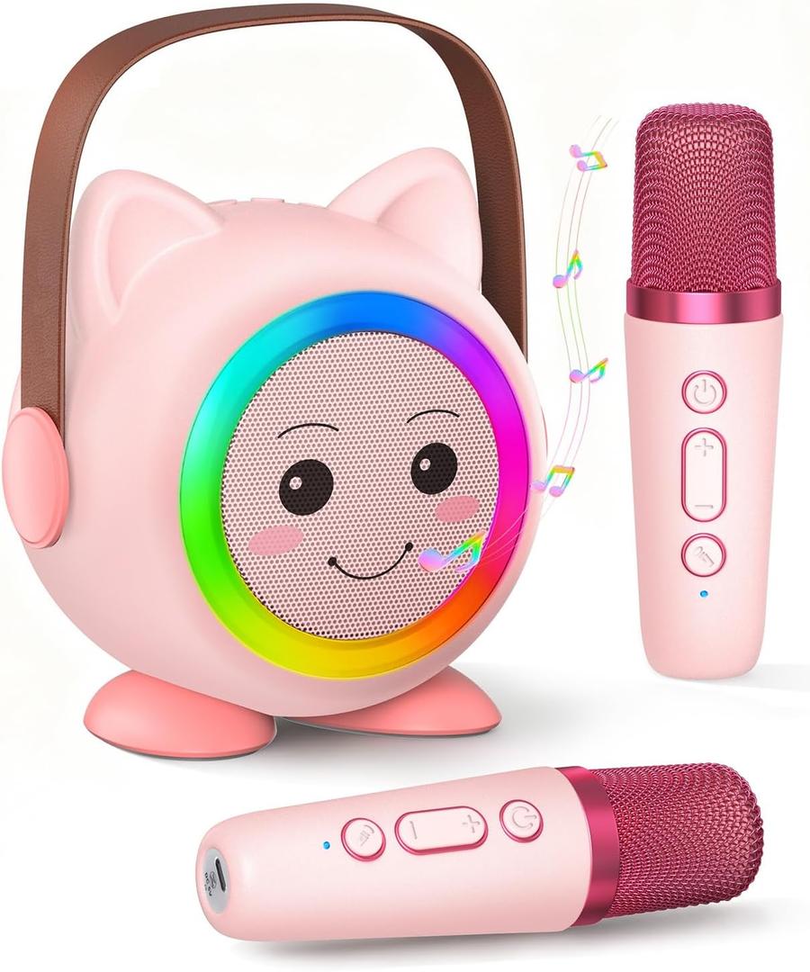 Mini Karaoke Machine Toy for Kids, Portable Karaoke Machine with 2 Wireless Microphone for 4,5,6,7,8,9,10,11,12+ Years Old Christmas Birthday Gifts Girls Boys (Pink)