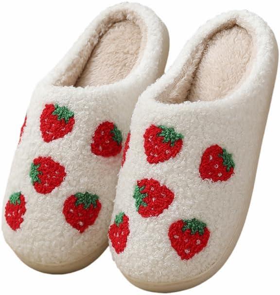 Women Men Plush Strawberry Slippers Cute Fuzzy Slippers Non-Skid Winter Warm Cozy House Indoor Outdoor Shoes (9-10 Women/7.5-8 Men)